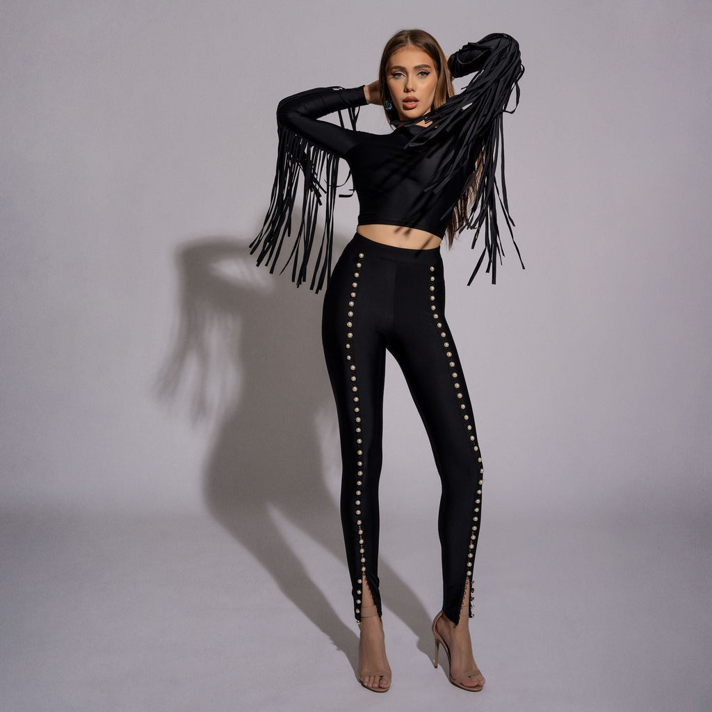 Bluza dama neagra modelatoare cu spate gol si franjuri