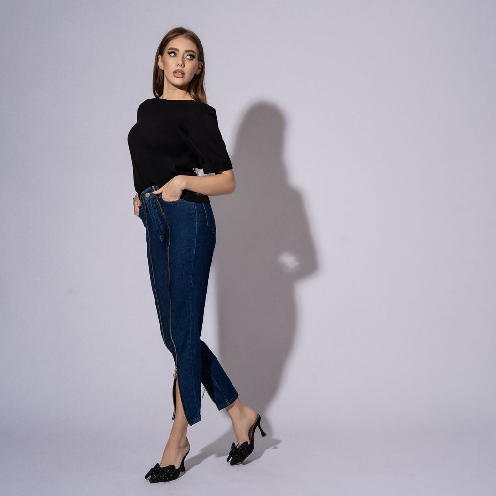 Blugi dama cu fermoare pe picioare No6 Dark Blue