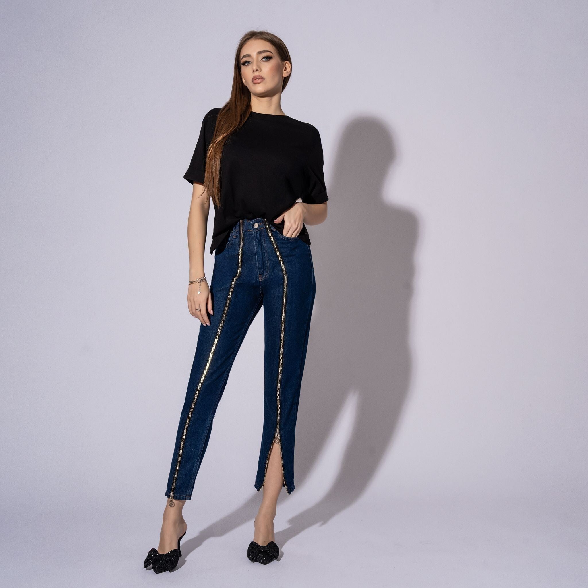 Blugi dama cu fermoare pe picioare No6 Dark Blue